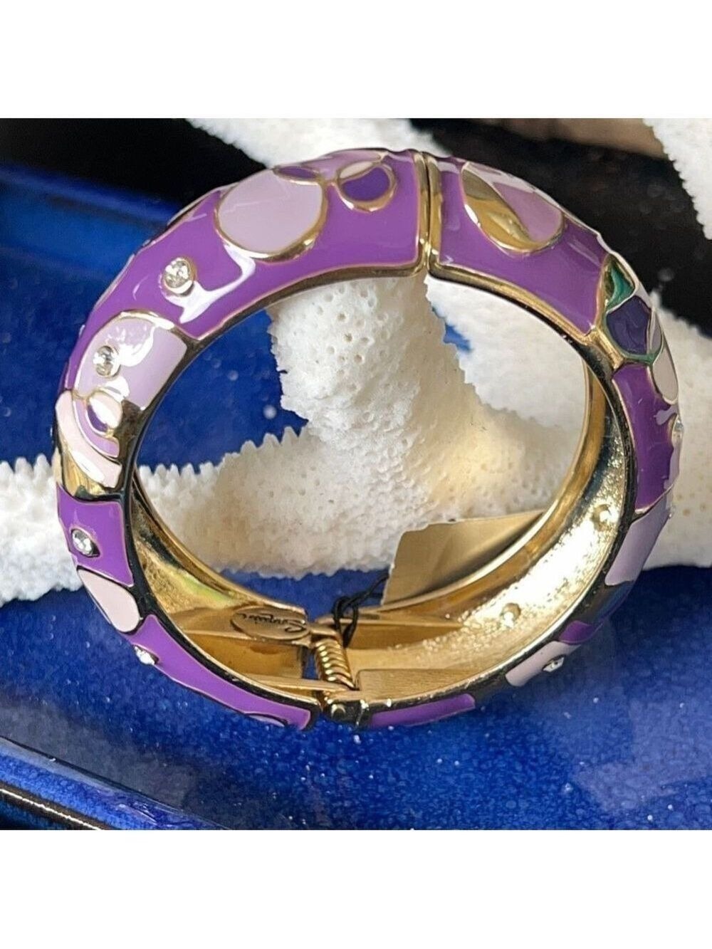 Purple Lilac  Enamel Geometric Pattern Accented with Clear Crystals in Gold Hing